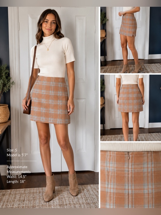 Sunday Best Dresses & Skirts - Sunday Best Aritzia Tatiana Plaid Mini Skirt Size 6 Camel Beige